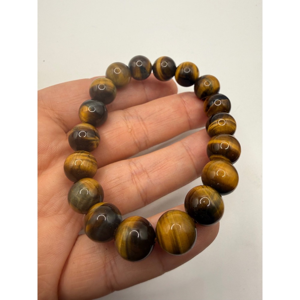 Natural Tigers Eye Beaded Stretch Bracelet Brown Gold Round Gemstone 10mm Beads